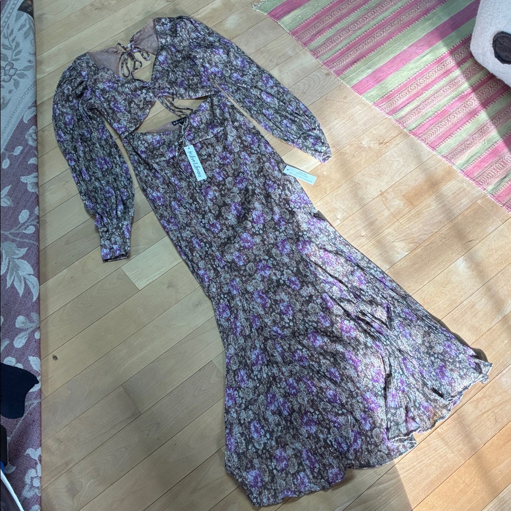 For Love & Lemons Purple Metallic Floral Long Sleeve Maxi Dress - Picture 3 of 3